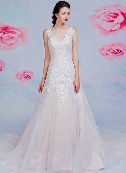 Kleid aus Tüll in A-Linie mit V-Ausschnitt und perlenbesetzten Spitzenapplikationen Ivory I Ivory/Rosé